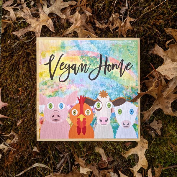 Vegan Home  Whimsical Animal Friends Art on Wood Block - Funky Vegan Sign Online