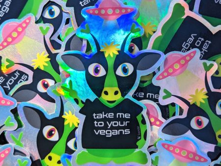 Take Me To Your Vegans  Jumbo Alien Cow Holographic Vinyl Sticker Fashion