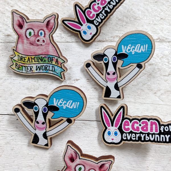 Vegan Cow  Printed Wood Happy Vegan Cheer Pin Fashion