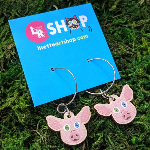 Cute Pig Friend - Printed Wood Charm Vegan Hoop Earrings Online