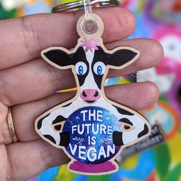 The Future is Vegan  Whimsical Cow with Crystal Ball Printed Wood Keychain Discount