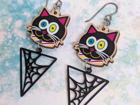 CMYKat  Black Cat with Spider Web, Printed Wood Charm Earrings Online