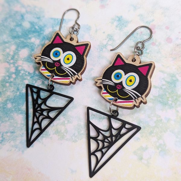 CMYKat  Black Cat with Spider Web, Printed Wood Charm Earrings Online