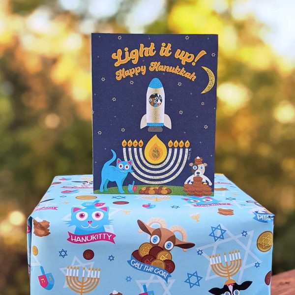 Light it Up!  Hanukkah Friends Greeting Card, Recycled Hanukkah Animals Card For Sale