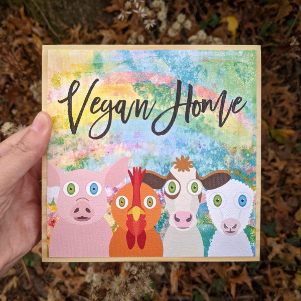 Vegan Home  Whimsical Animal Friends Art on Wood Block - Funky Vegan Sign Online