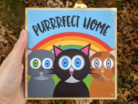 Purrrfect Home  Whimsical Cats Art on Wood Block - Funky Cat Sign Online now