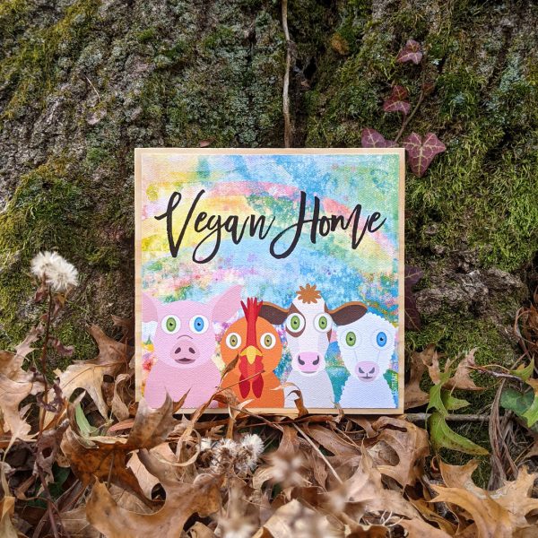 Vegan Home  Whimsical Animal Friends Art on Wood Block - Funky Vegan Sign Online