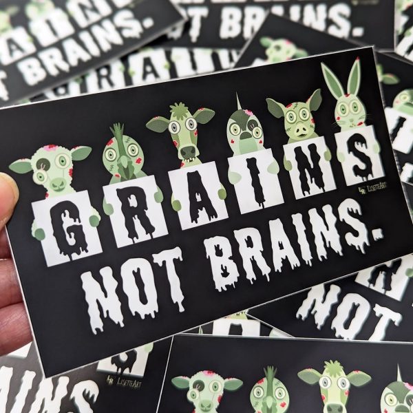 Grains not Brains  Zombie Animals Vegan Vinyl Bumper Sticker Discount