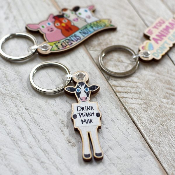 Drink Plant Milk  Printed Wood Vegan Cow Keychain For Sale