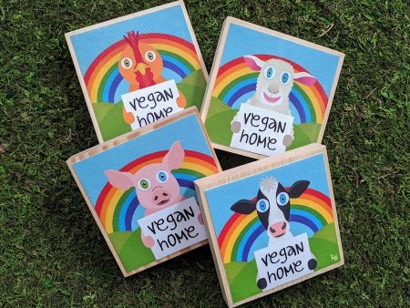 Vegan Home  Happy Animals Art on Wood Block - Funky Vegan Sign For Cheap