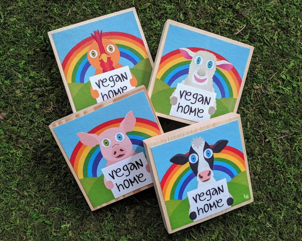 Vegan Home  Happy Animals Art on Wood Block - Funky Vegan Sign For Cheap