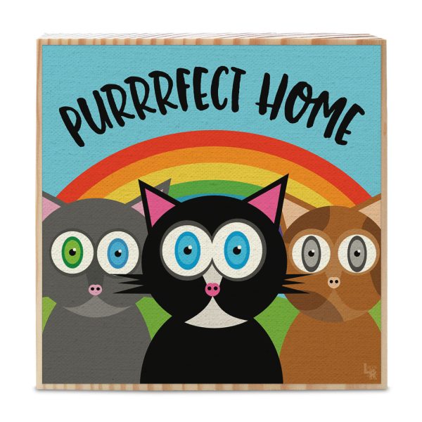 Purrrfect Home  Whimsical Cats Art on Wood Block - Funky Cat Sign Online now