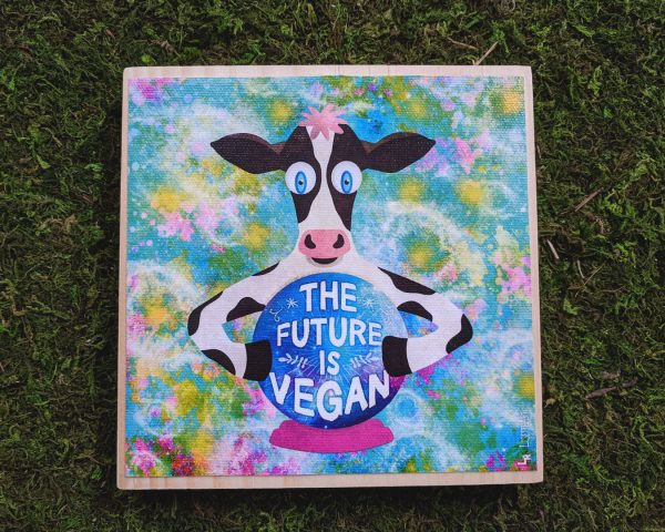 The Future is Vegan  Whimsical Cow with Crystal Ball Art on Wood Block - Vegan Sign Sale