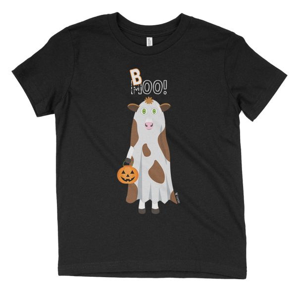 Trick or Treat  MOO BOO Cow in Ghost Costume Halloween Youth T-Shirt Fashion