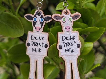 Drink Plant Milk  Vegan Cow Printed Wood Charm Earrings Hot on Sale