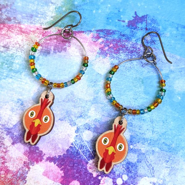 Cute Chicken Friend - Printed Wood Charm Vegan Hoop Earrings For Sale