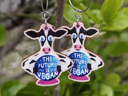 The Future is Vegan  Cow with Crystal Ball Printed Wood Charm Earrings on Sale