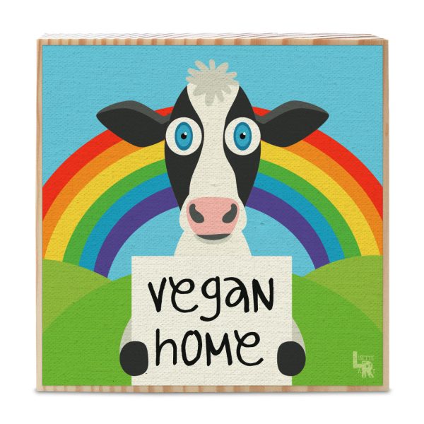 Vegan Home  Happy Animals Art on Wood Block - Funky Vegan Sign For Cheap