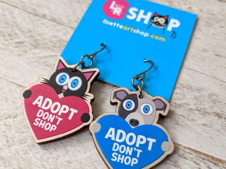 Adopt, Don t Shop.  (cat and dog with hearts) Printed Wood Charm Mismatch Earrings Online