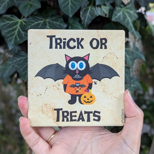 TRICK OR TREATS  Bat Cat Halloween Square Stone Coaster Online now