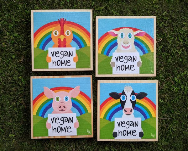 Vegan Home  Happy Animals Art on Wood Block - Funky Vegan Sign For Cheap