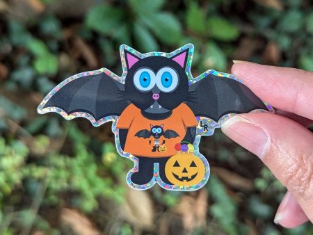 TRICK OR TREATS  Bat Cat Halloween Die Cut Glitter Sticker For Cheap