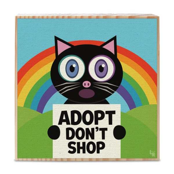 Adopt, Don t Shop  Whimsical Black Cat Art on Wood Block - Funky Cat Sign Sale