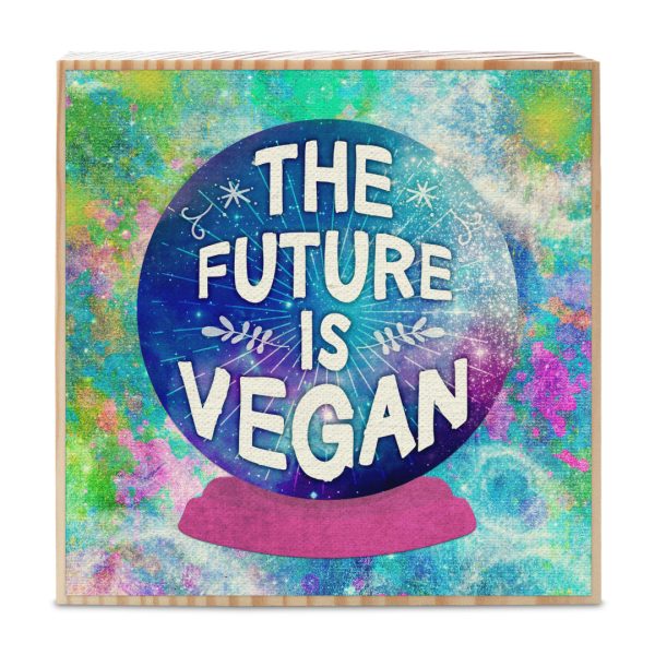 The Future is Vegan  Whimsical Cow with Crystal Ball Art on Wood Block - Vegan Sign Sale