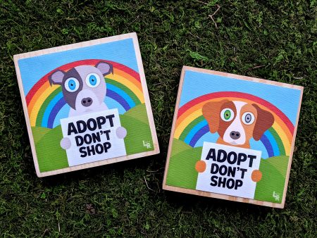 Adopt, Don t Shop  Whimsical Dog Art on Wood Block - Funky Dog Sign Supply