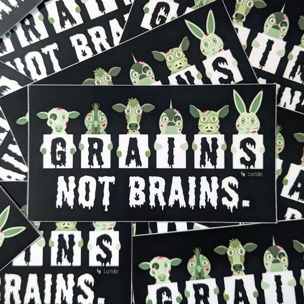 Grains not Brains  Zombie Animals Vegan Vinyl Bumper Sticker Discount