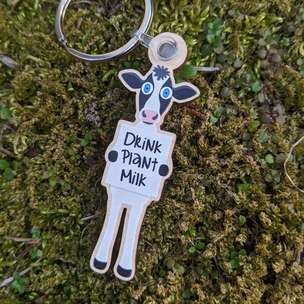 Drink Plant Milk  Printed Wood Vegan Cow Keychain For Sale