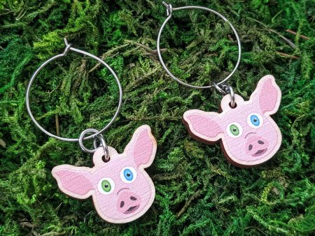 Cute Pig Friend - Printed Wood Charm Vegan Hoop Earrings Online