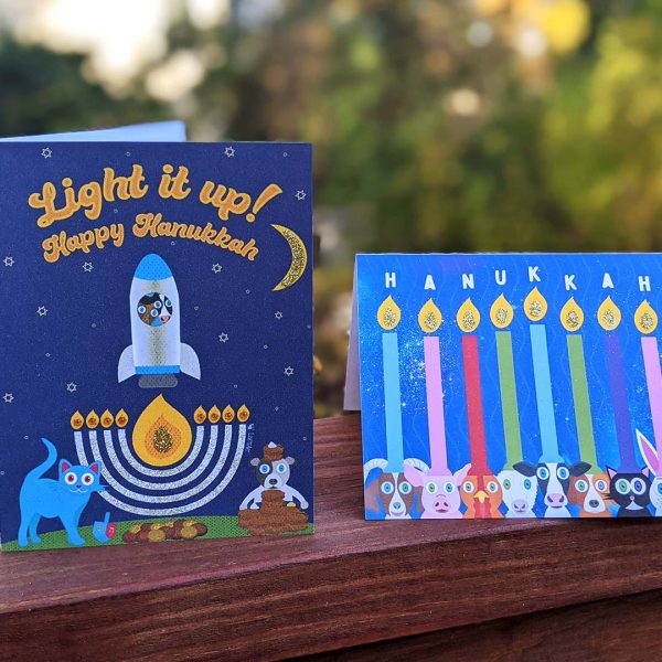 Light it Up!  Hanukkah Friends Greeting Card, Recycled Hanukkah Animals Card For Sale