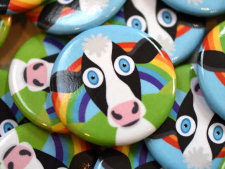 Solo Happy Cow  1.25” Round Vegan Rainbow Pinback Button For Cheap