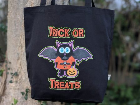 TRICK OR TREATS  Halloween Bat Cat Organic Cotton Tote Bag Online Sale