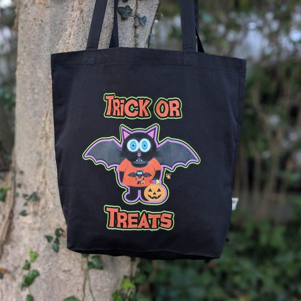 TRICK OR TREATS  Halloween Bat Cat Organic Cotton Tote Bag Online Sale