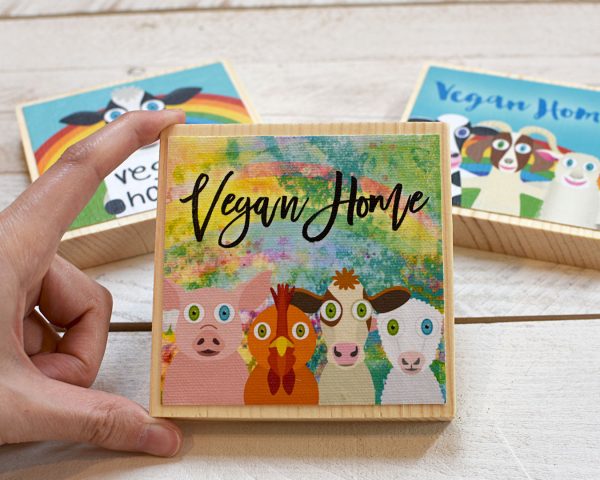 Vegan Home  Whimsical Animal Friends Art on Wood Block - Funky Vegan Sign Online