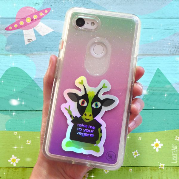 Take Me To Your Vegans  Alien Cow Holographic Vinyl Sticker For Sale