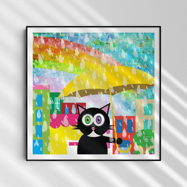 Cat in Sun Shower  Whimsical Kitty in Rain Art Print on Sale