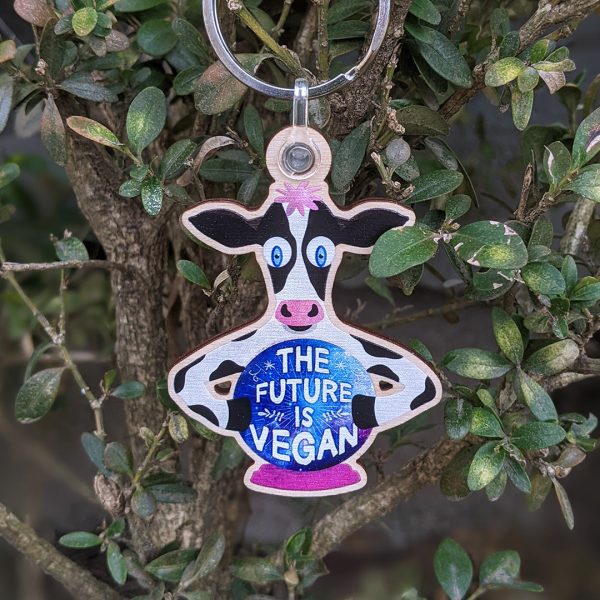 The Future is Vegan  Whimsical Cow with Crystal Ball Printed Wood Keychain Discount