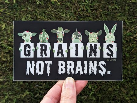 Grains not Brains  Zombie Animals Vegan Vinyl Bumper Sticker Discount