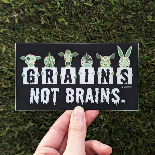 Grains not Brains  Zombie Animals Vegan Vinyl Bumper Sticker Discount