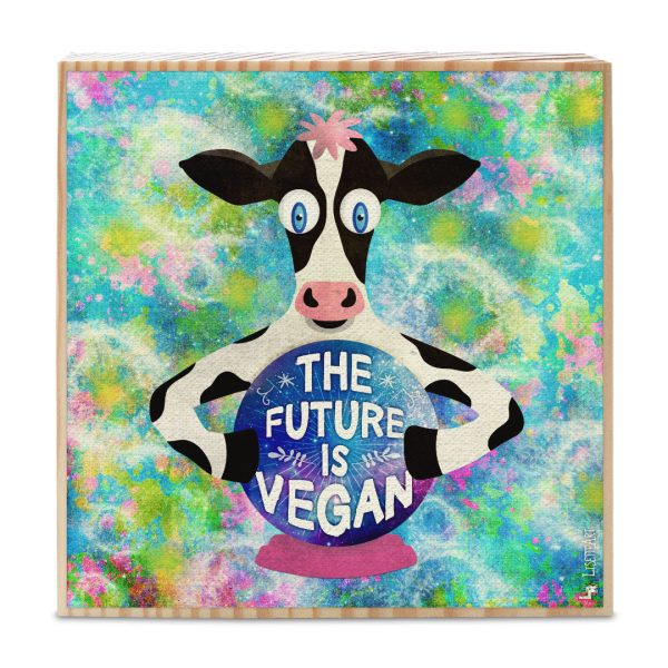 The Future is Vegan  Whimsical Cow with Crystal Ball Art on Wood Block - Vegan Sign Sale