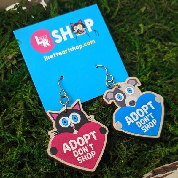 Adopt, Don t Shop.  (cat and dog with hearts) Printed Wood Charm Mismatch Earrings Online