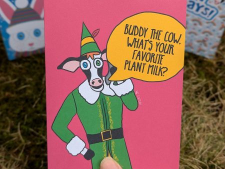 Buddy the Cow, what s your favorite plant milk?  Holiday Card, Funny Vegan Christmas Card For Cheap