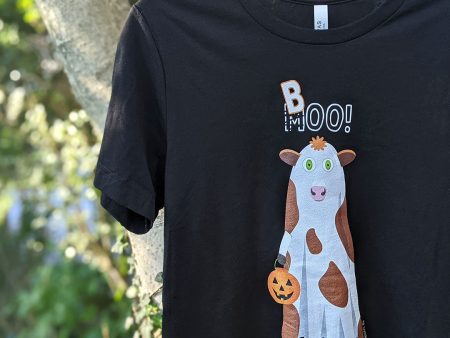 Trick or Treat  MOO BOO Cow in Ghost Costume Halloween Unisex T-Shirt Online now