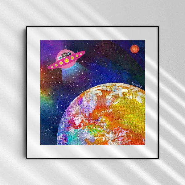 UFO - Unidentified Feline Object  Whimsical Kitties in Space Art Print Online Hot Sale