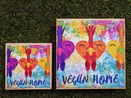 Vegan Home  Rooster Love Art on Wood Block - Heart Chicken Vegan Sign Online Hot Sale