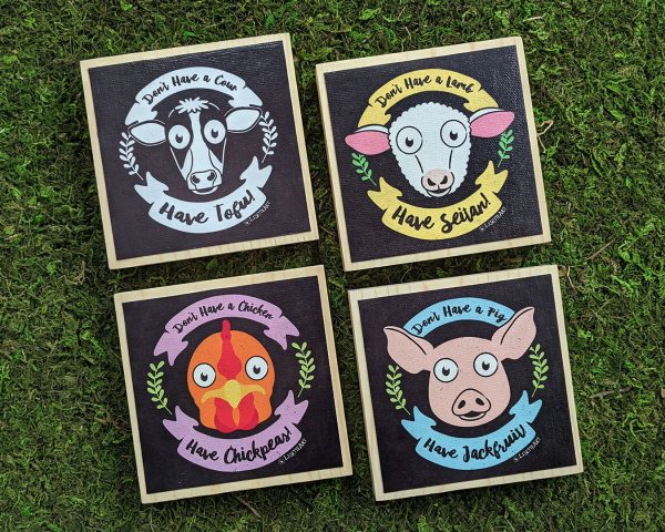 Don t Have a Cow, Lamb, Pig, Chicken. Have Vegan Food!  Art on Wood Block - Funky Vegan Sign on Sale