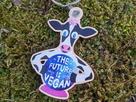 The Future is Vegan  Whimsical Cow with Crystal Ball Printed Wood Keychain Discount